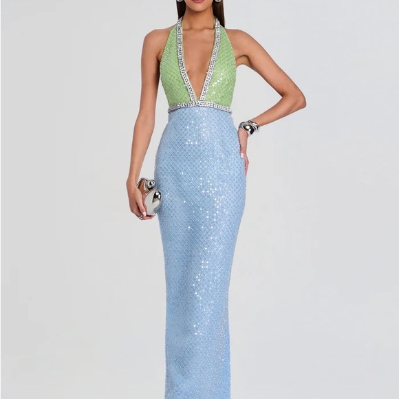 Retrofete Dresses & Skirts - Retrofete Green and Light Blue Sequin Halter Gown